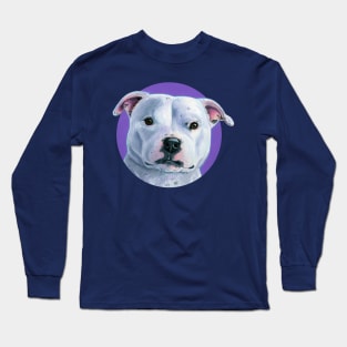 White Stafforshire Bull Terrier Pitbull Dog with Purple Long Sleeve T-Shirt